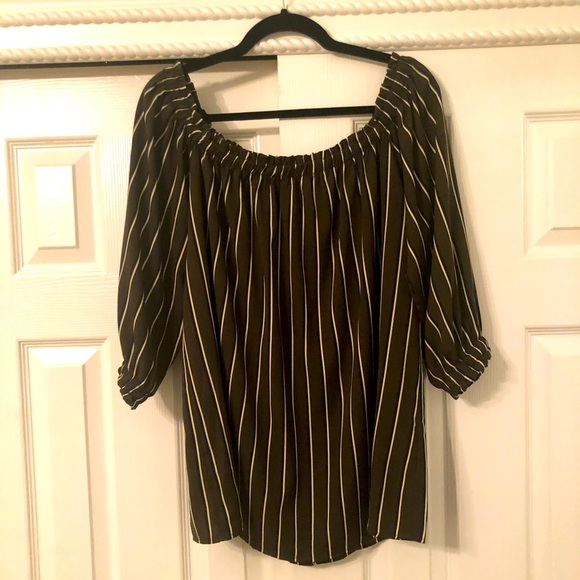 Pinstriped Off the Shoulder Blouse Olive Green 2X Dark Academia Boho Poetcore - Picture 3 of 5
